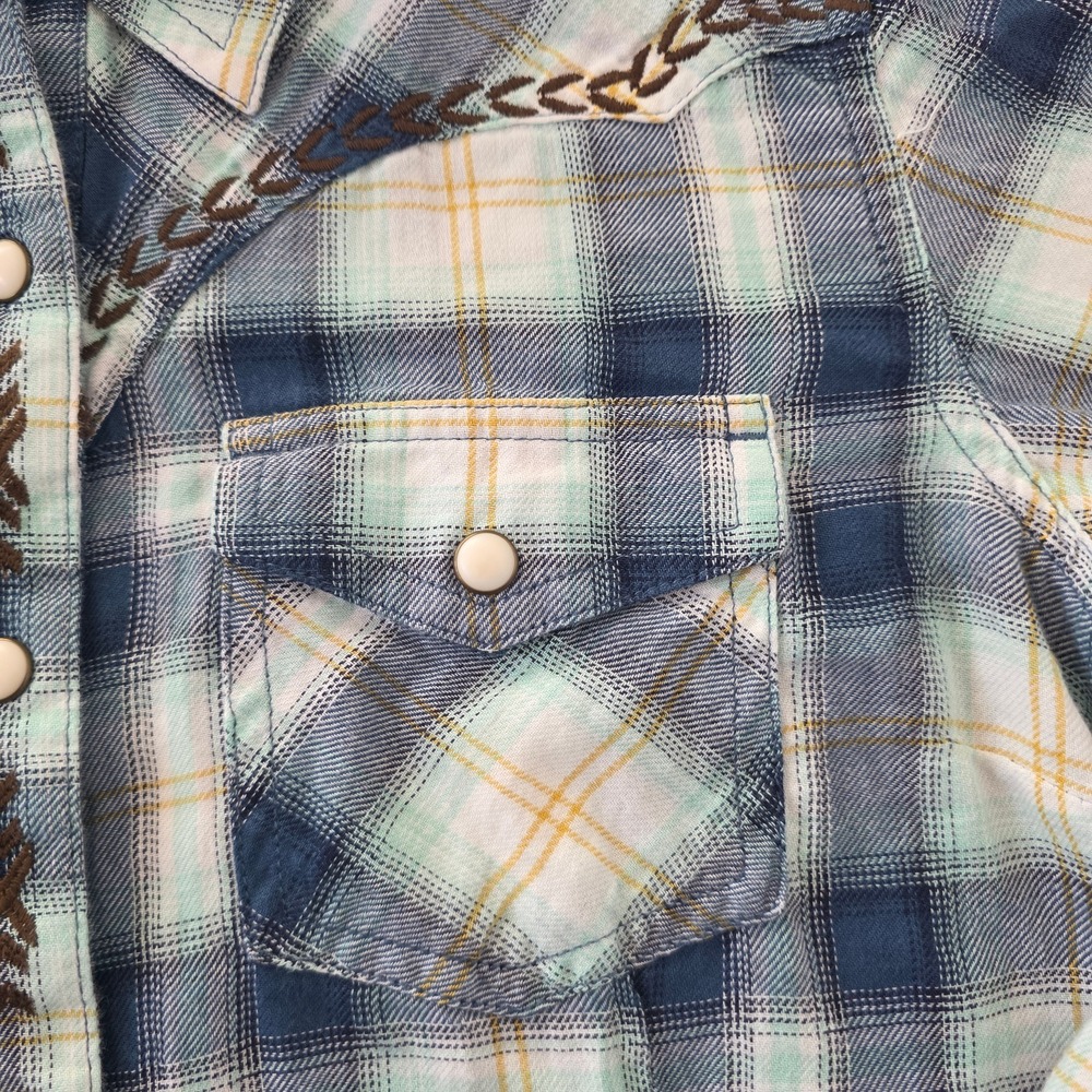 Ariat REAL Womens Blue Plaid Embroidered Longhorn Skull Western Snap Shirt Small - Picture 5 of 11